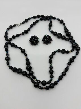 Black iridescent Bead Multi-Strand Necklace and Clip-On Earrings Set Park Lane